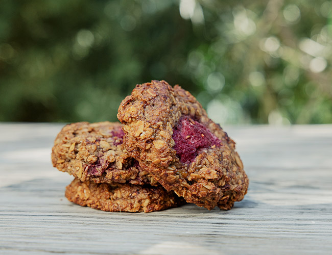 Raspberry and oatmeal cookie dessert on a table