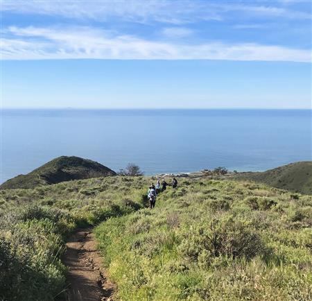 group hiking with ocean in the background