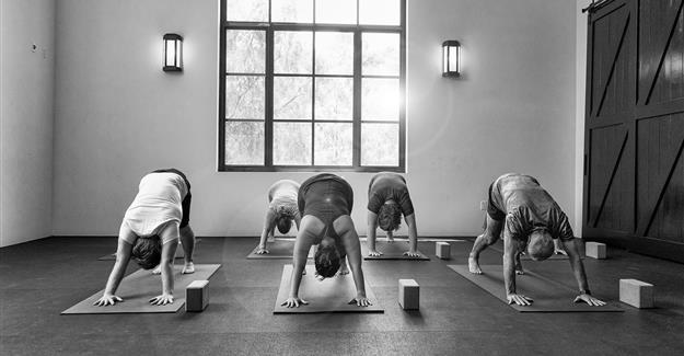 Yoga class practicing downward dog