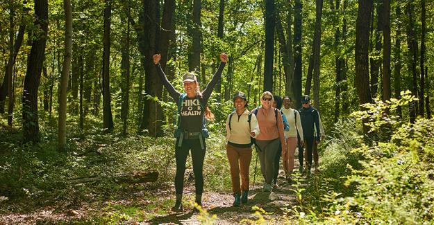 group hiking, sunny