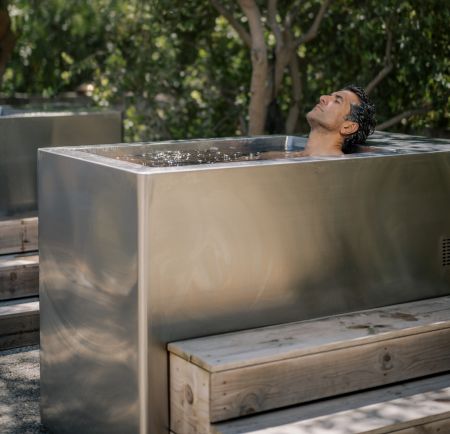 A man in an outdoor bath