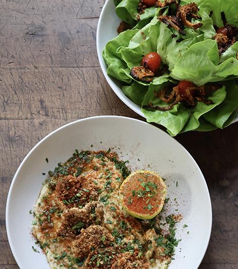 Lemon Oyster Mushroom Milanese with Pink Lentil Hummus and a Butter Lettuce Salad