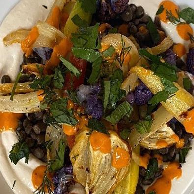 Roasted Carrots & Fennel with Harissa Dressing, Black Lentils and Cashew Yogurt