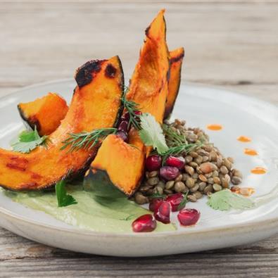 Harissa Roasted Squash over Lentils and Whipped Tahini