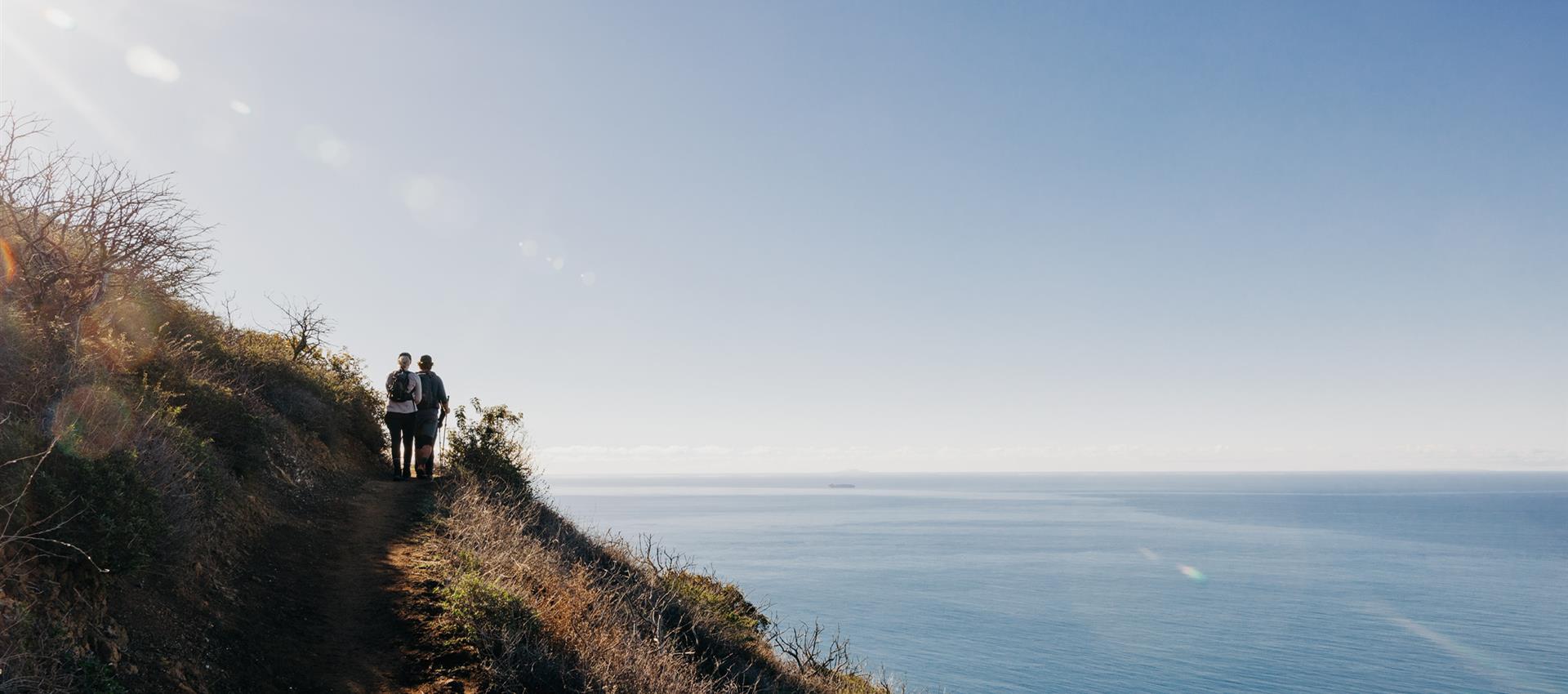 Group hiking, water view